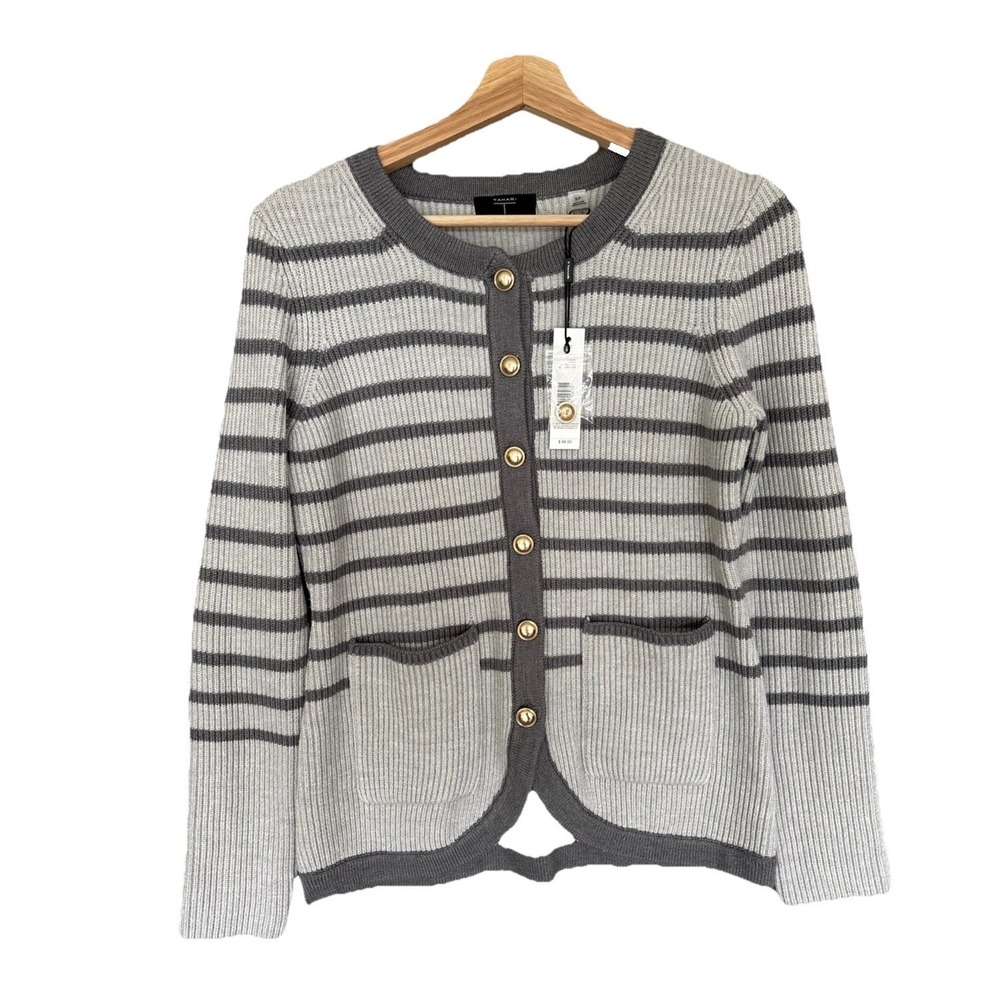Tahari Cardigan Sweater Light Grey Striped Old Money Preppy Work Women Small NWT